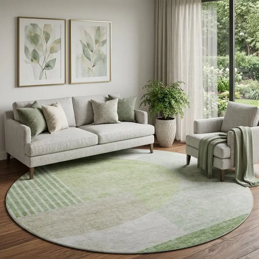 8' Olive Green And Beige Geometric Washable Round Rug With UV Protection Photo 1
