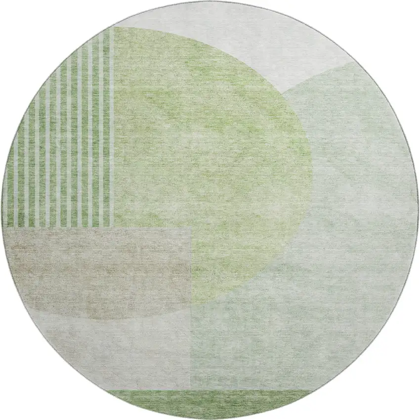 8' Olive Green And Beige Geometric Washable Round Rug With UV Protection Photo 6