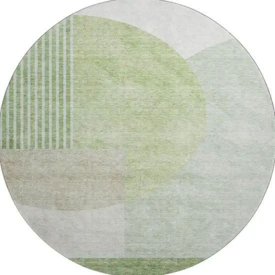 8' Olive Green And Beige Geometric Washable Round Rug With UV Protection Photo 1