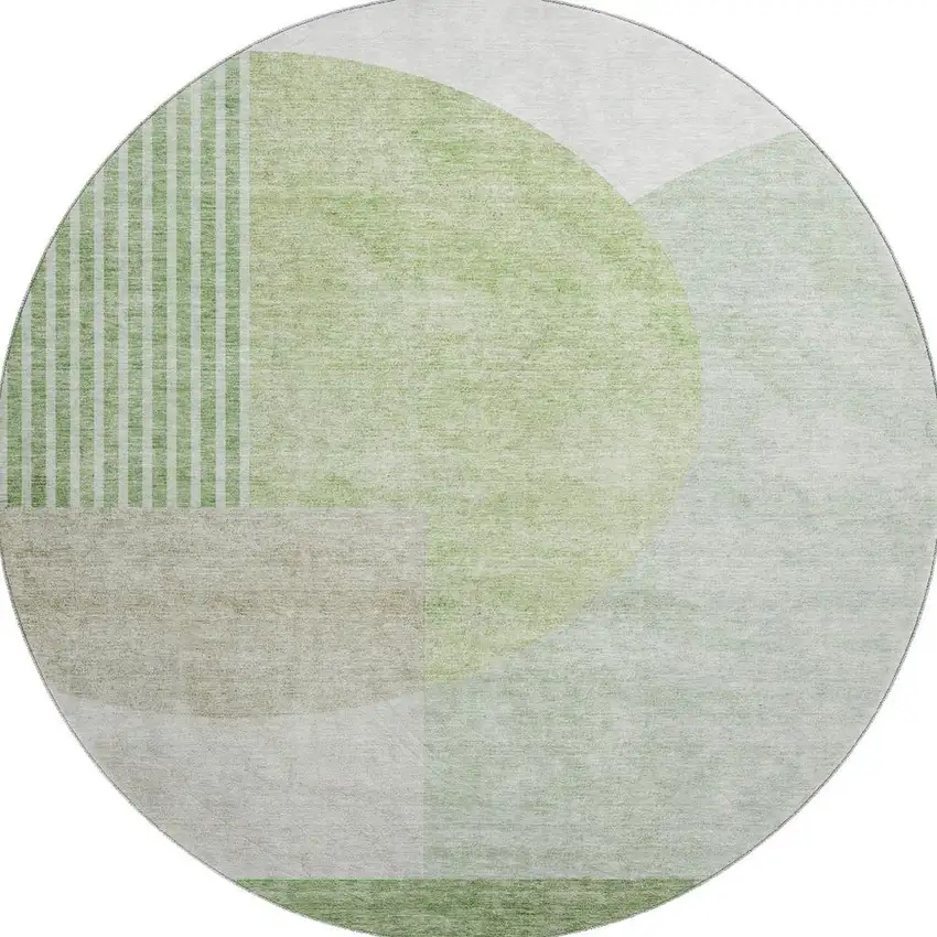 8' Olive Green And Beige Geometric Washable Round Rug With UV Protection Photo 1