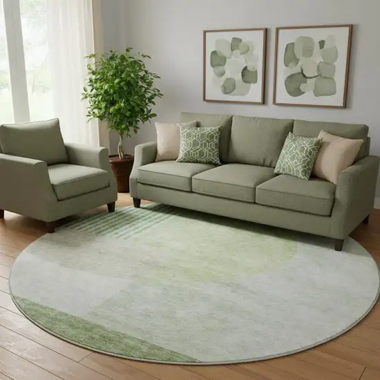 8' Olive Green And Beige Geometric Washable Round Rug With UV Protection Photo 1