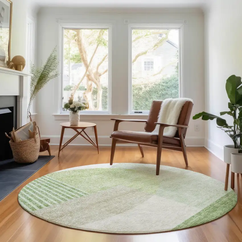 8' Olive Green And Beige Geometric Washable Round Rug With UV Protection Photo 4