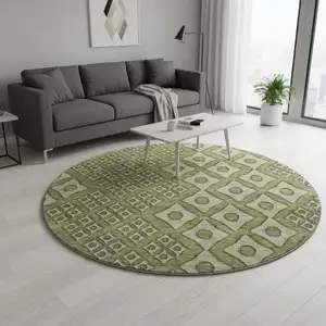 Photo of 8' Olive Green And Beige Geometric Washable Round Rug With UV Protection