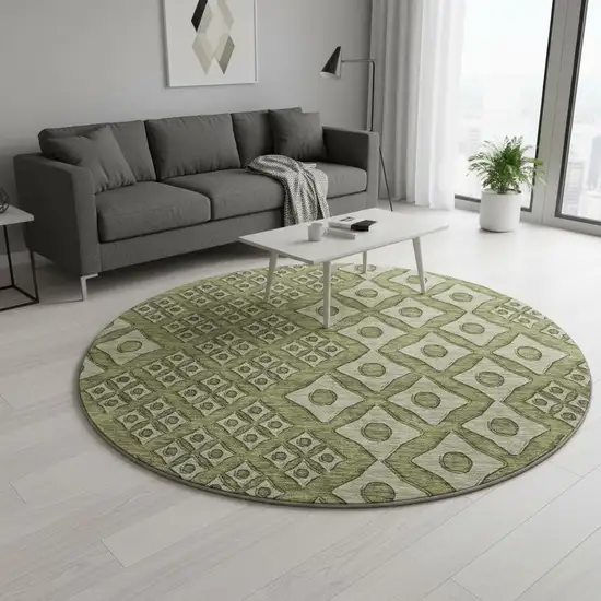 8' Olive Green And Beige Geometric Washable Round Rug With UV Protection Photo 1