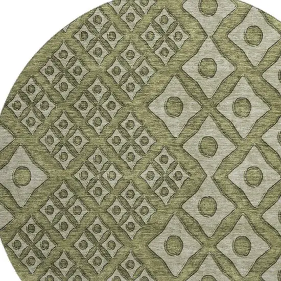 8' Olive Green And Beige Geometric Washable Round Rug With UV Protection Photo 4