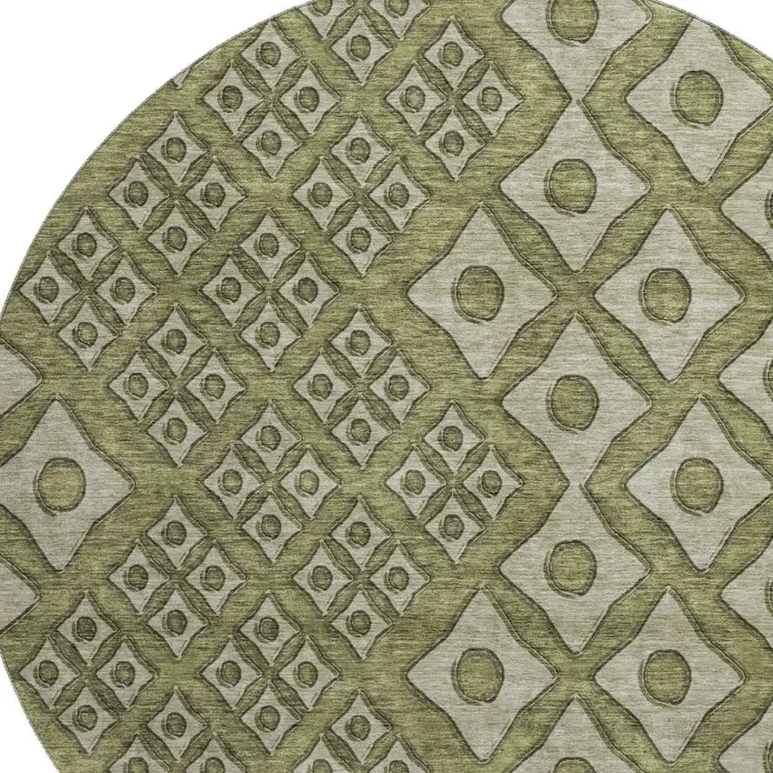 8' Olive Green And Beige Geometric Washable Round Rug With UV Protection Photo 4