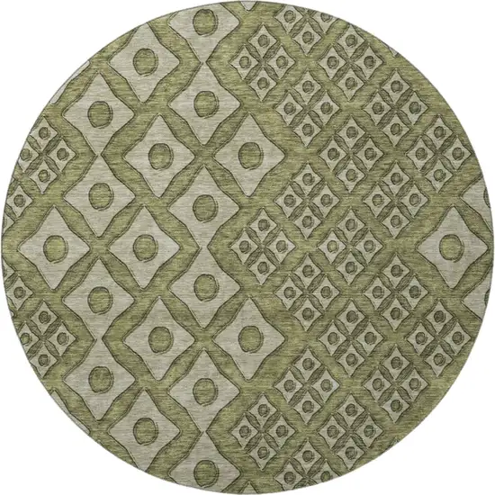 8' Olive Green And Beige Geometric Washable Round Rug With UV Protection Photo 5