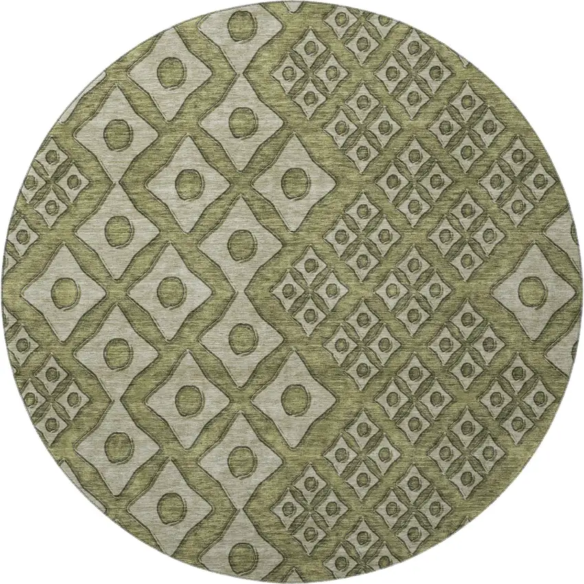 8' Olive Green And Beige Geometric Washable Round Rug With UV Protection Photo 5