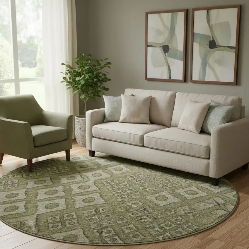 8' Olive Green And Beige Geometric Washable Round Rug With UV Protection Photo 1