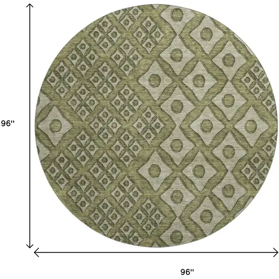 8' Olive Green And Beige Geometric Washable Round Rug With UV Protection Photo 3