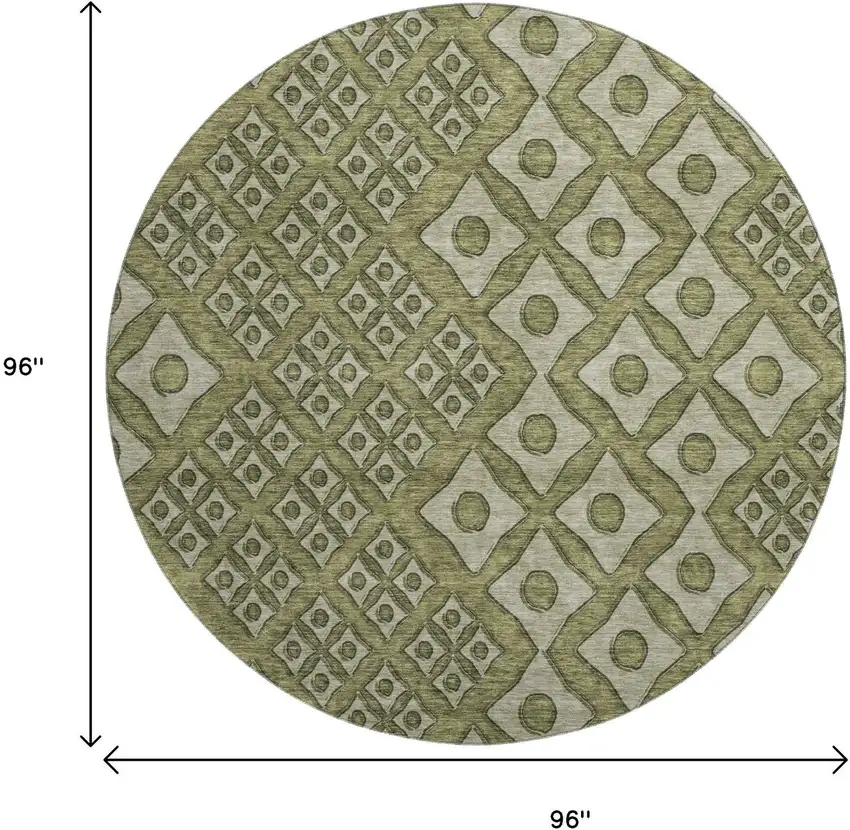 8' Olive Green And Beige Geometric Washable Round Rug With UV Protection Photo 3