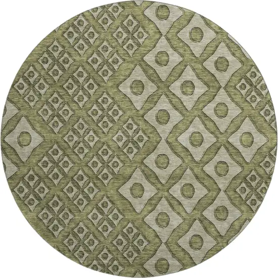 8' Olive Green And Beige Geometric Washable Round Rug With UV Protection Photo 2