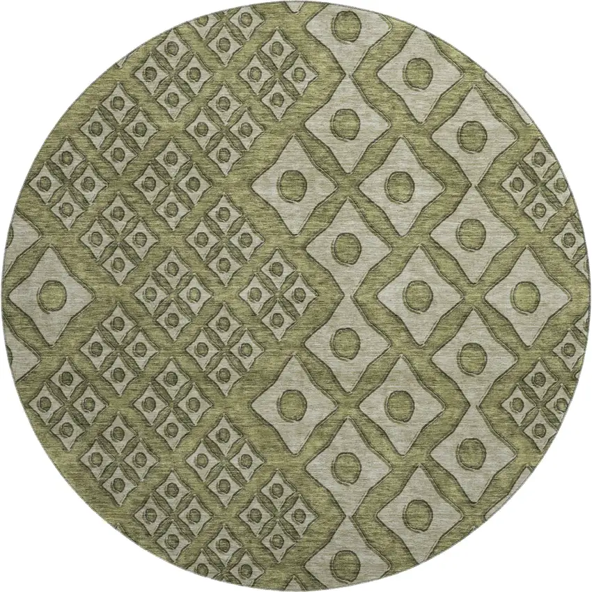 8' Olive Green And Beige Geometric Washable Round Rug With UV Protection Photo 2
