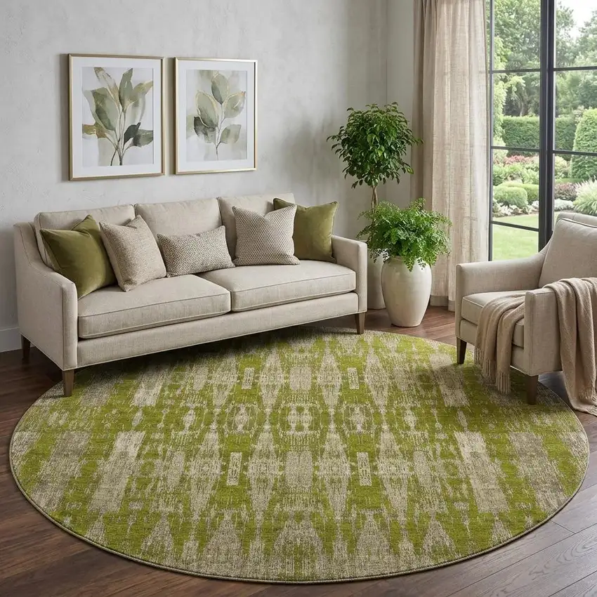 8' Olive Green And Beige Moroccan Washable Round Rug With UV Protection Photo 1