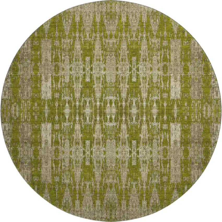 8' Olive Green And Beige Moroccan Washable Round Rug With UV Protection Photo 1