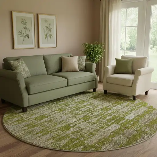 8' Olive Green And Beige Moroccan Washable Round Rug With UV Protection Photo 1