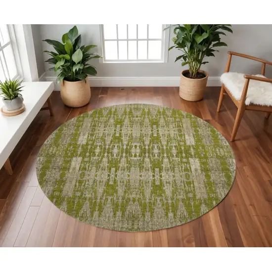 8' Olive Green And Beige Moroccan Washable Round Rug With UV Protection Photo 2