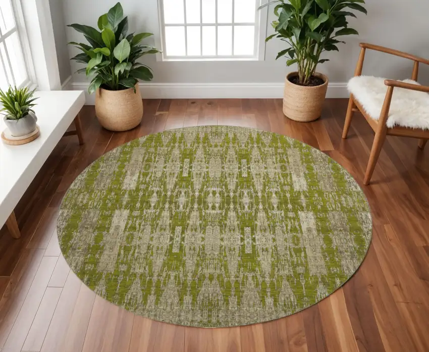8' Olive Green And Beige Moroccan Washable Round Rug With UV Protection Photo 2