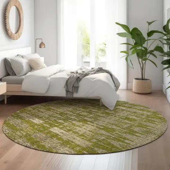 8' Olive Green And Beige Moroccan Washable Round Rug With UV Protection Photo 5