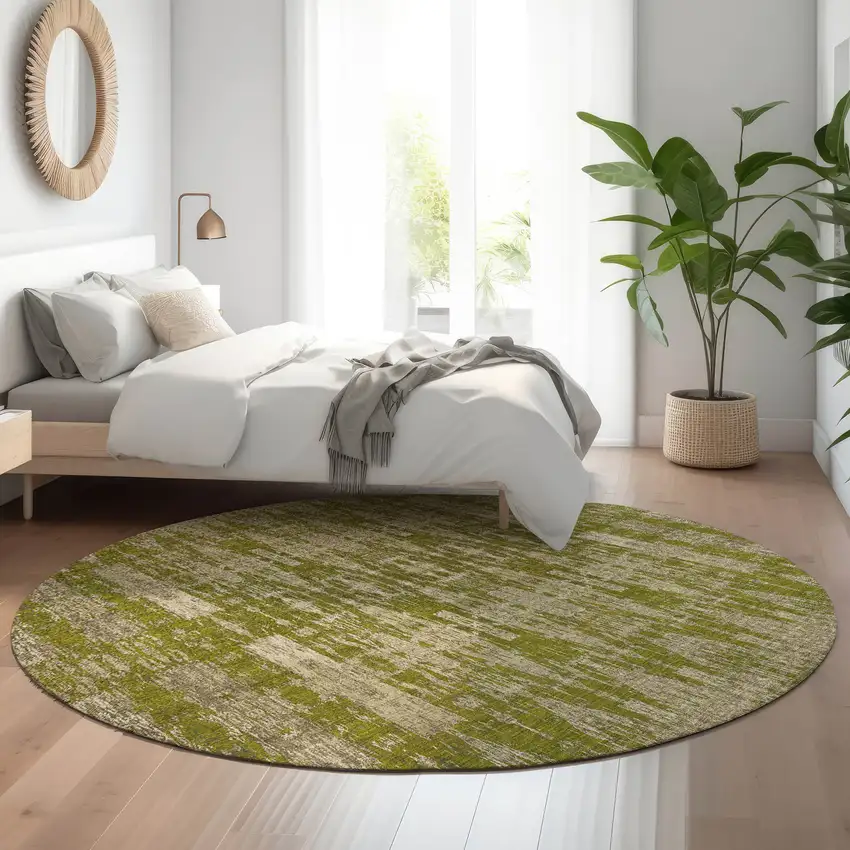 8' Olive Green And Beige Moroccan Washable Round Rug With UV Protection Photo 5