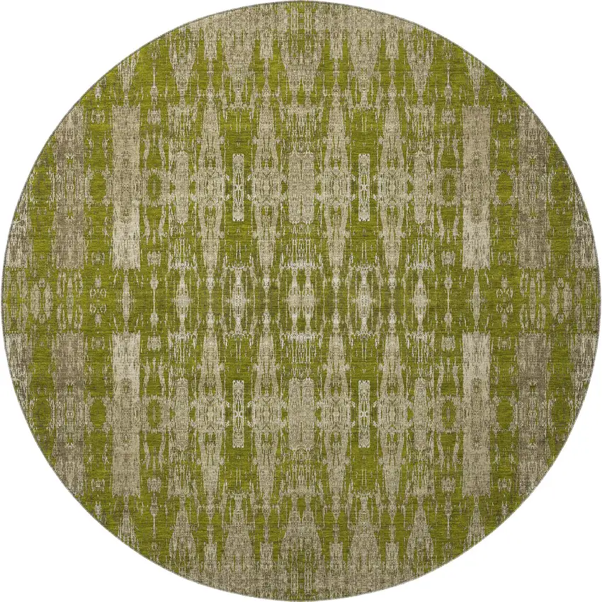 8' Olive Green And Beige Moroccan Washable Round Rug With UV Protection Photo 4