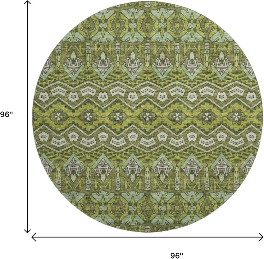 8' Olive Green And Beige Moroccan Washable Round Rug With UV Protection Photo 3