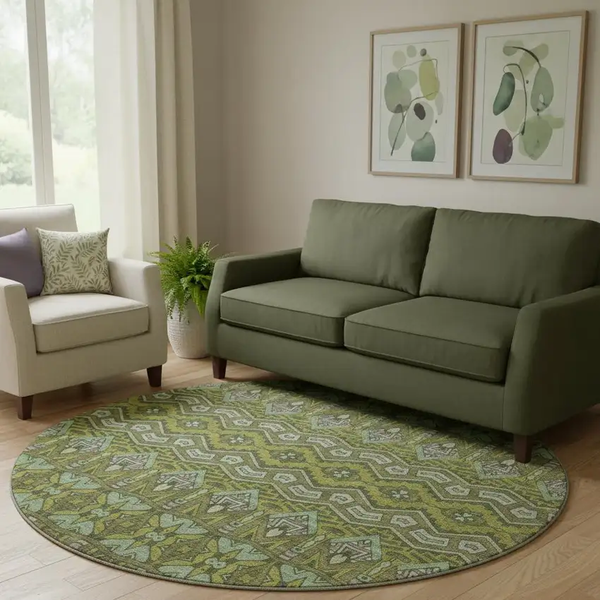 8' Olive Green And Beige Moroccan Washable Round Rug With UV Protection Photo 1