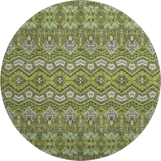 8' Olive Green And Beige Moroccan Washable Round Rug With UV Protection Photo 1