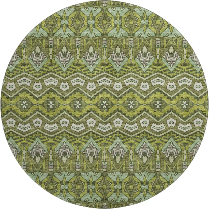 8' Olive Green And Beige Moroccan Washable Round Rug With UV Protection Photo 1