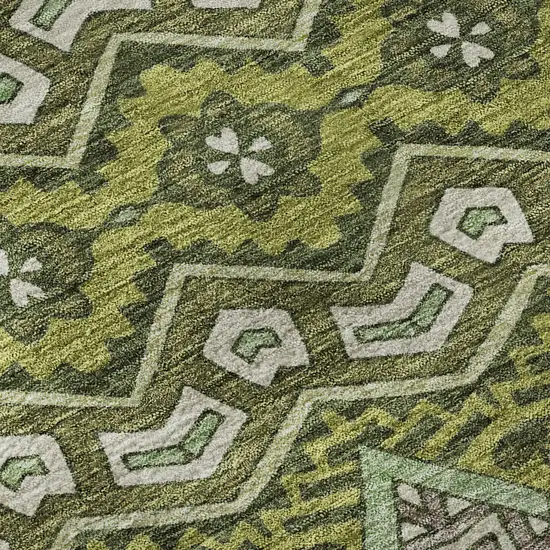 8' Olive Green And Beige Moroccan Washable Round Rug With UV Protection Photo 9