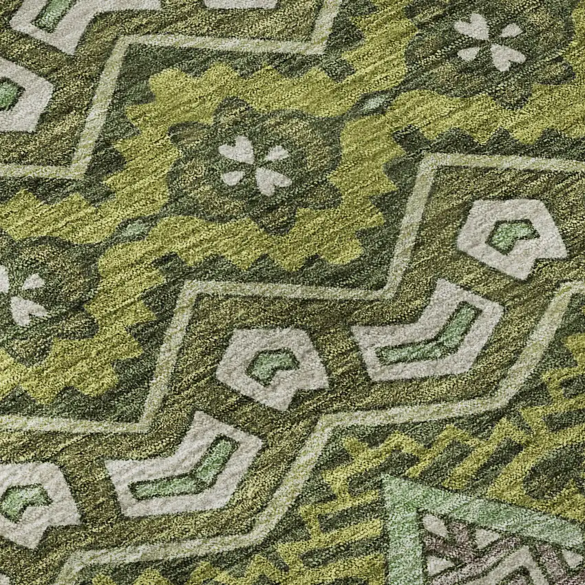 8' Olive Green And Beige Moroccan Washable Round Rug With UV Protection Photo 9