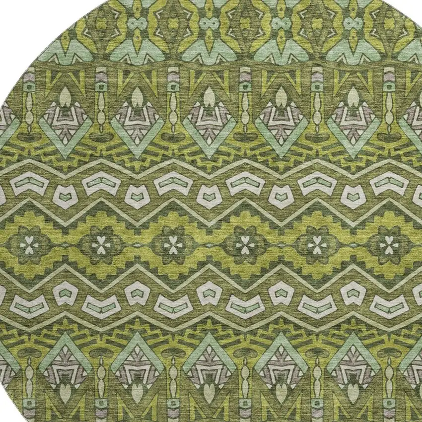 8' Olive Green And Beige Moroccan Washable Round Rug With UV Protection Photo 3