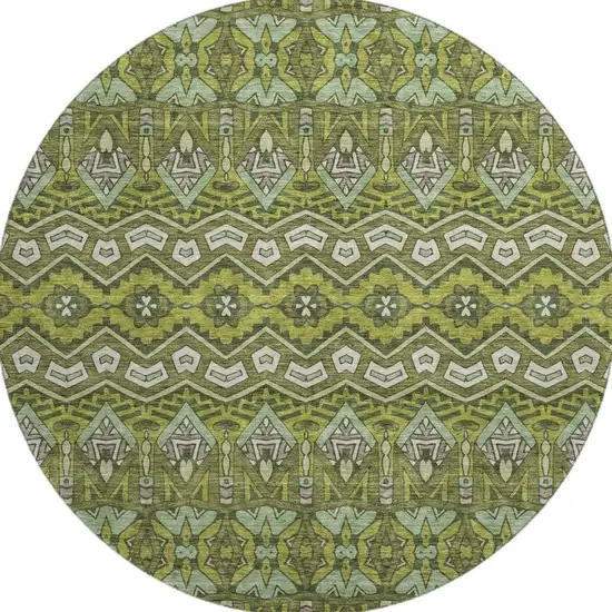 8' Olive Green And Beige Moroccan Washable Round Rug With UV Protection Photo 4