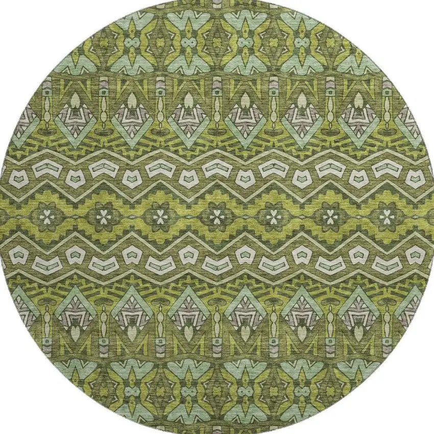 8' Olive Green And Beige Moroccan Washable Round Rug With UV Protection Photo 4