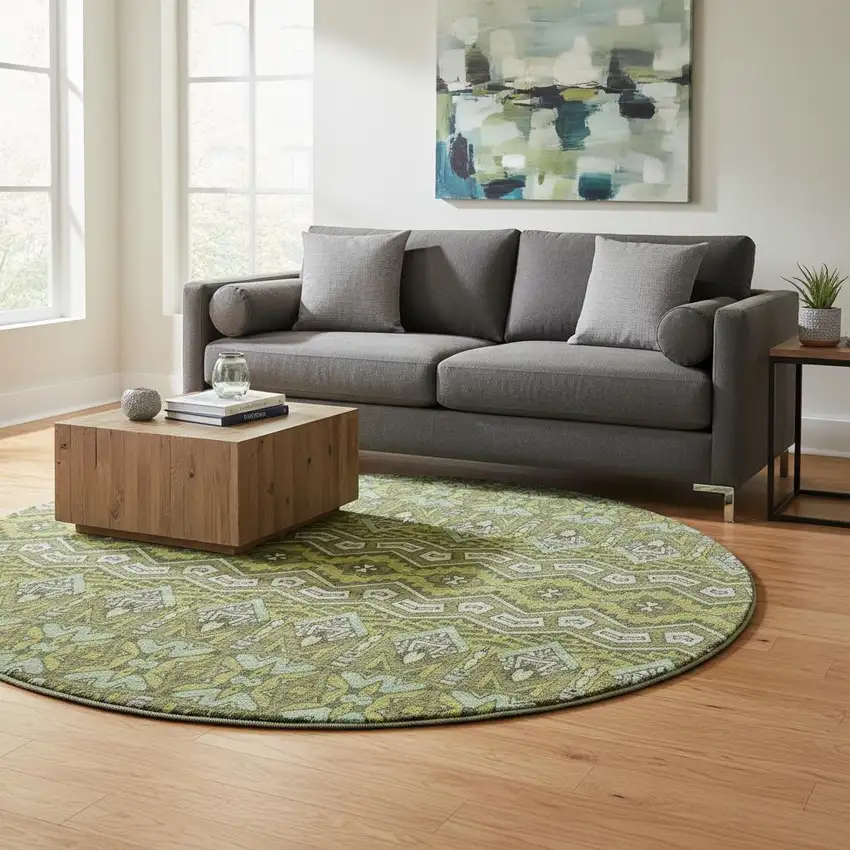 8' Olive Green And Beige Moroccan Washable Round Rug With UV Protection Photo 2