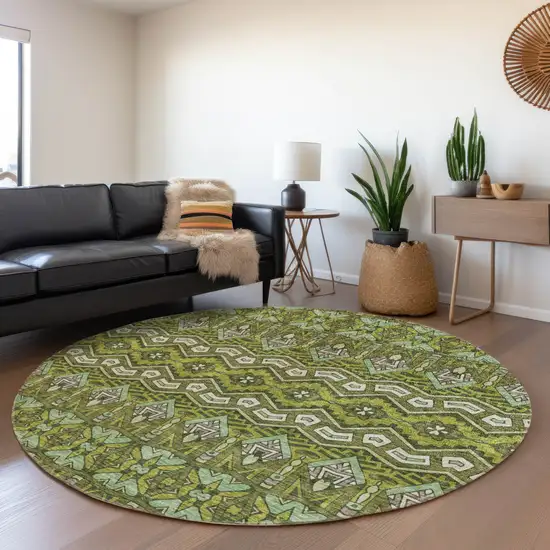 8' Olive Green And Beige Moroccan Washable Round Rug With UV Protection Photo 5