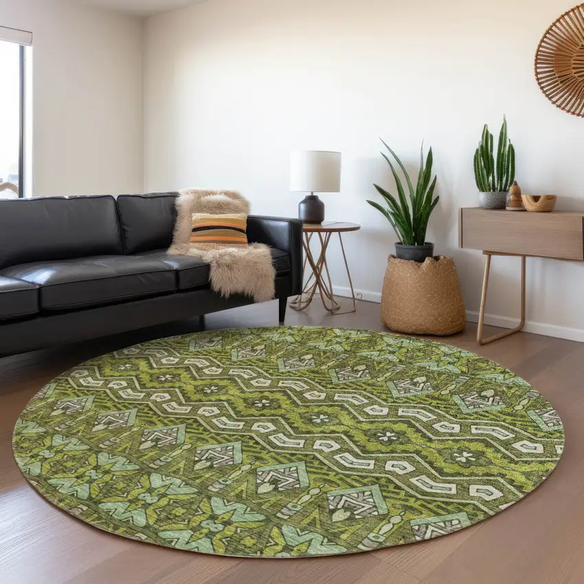 8' Olive Green And Beige Moroccan Washable Round Rug With UV Protection Photo 5