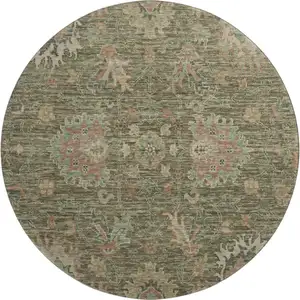 Photo of 8' Olive Green And Beige Oriental Washable Round Rug With UV Protection