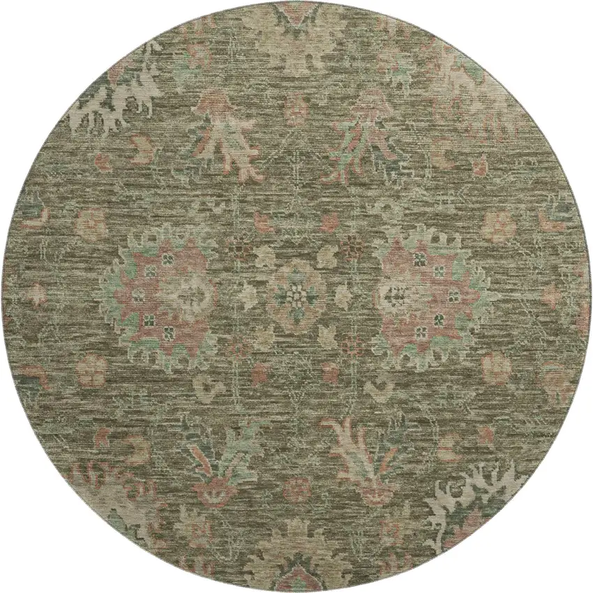 8' Olive Green And Beige Oriental Washable Round Rug With UV Protection Photo 1