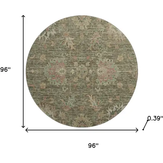 8' Olive Green And Beige Oriental Washable Round Rug With UV Protection Photo 8