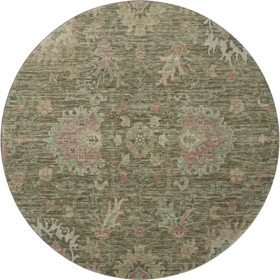 8' Olive Green And Beige Oriental Washable Round Rug With UV Protection Photo 4