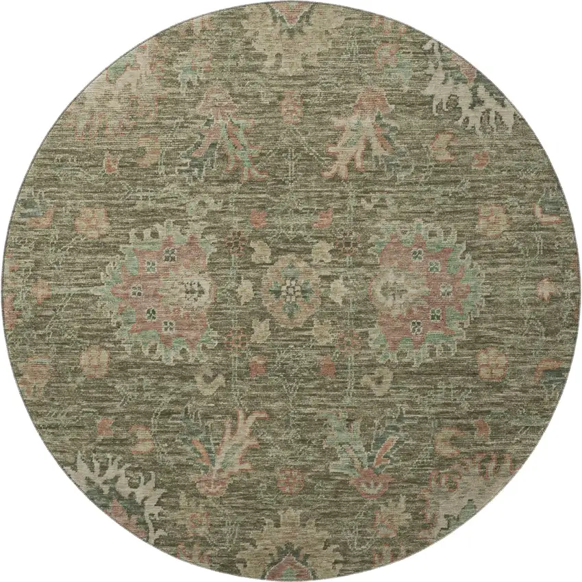 8' Olive Green And Beige Oriental Washable Round Rug With UV Protection Photo 4