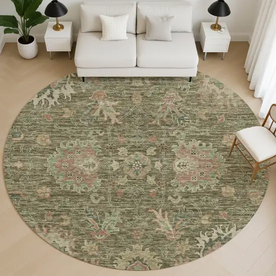 8' Olive Green And Beige Oriental Washable Round Rug With UV Protection Photo 5