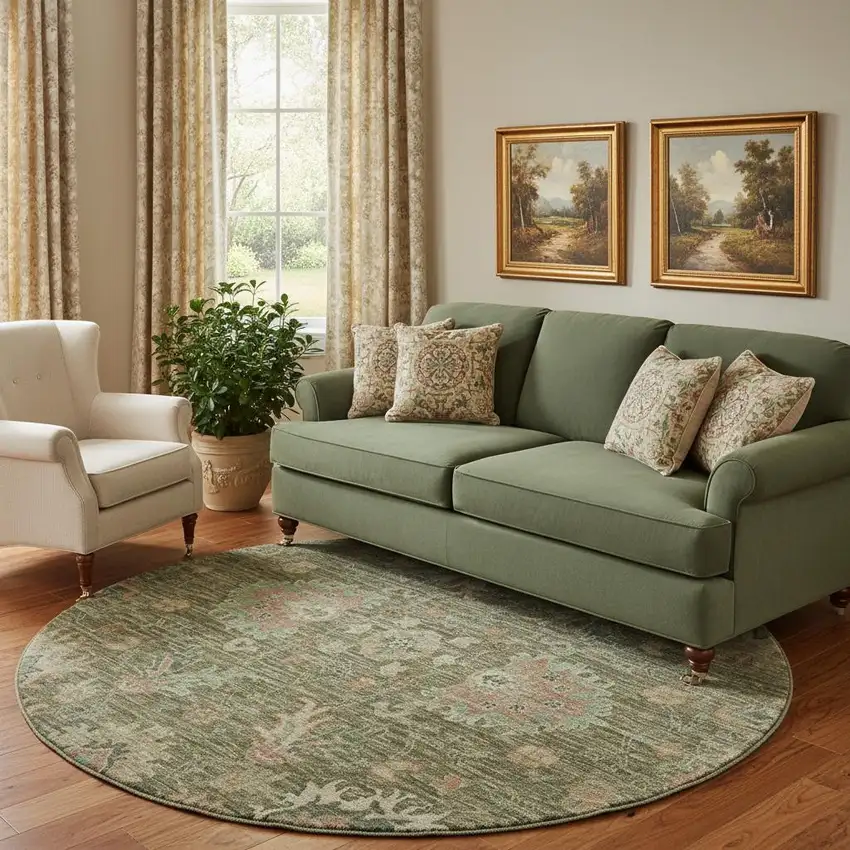 8' Olive Green And Beige Oriental Washable Round Rug With UV Protection Photo 2