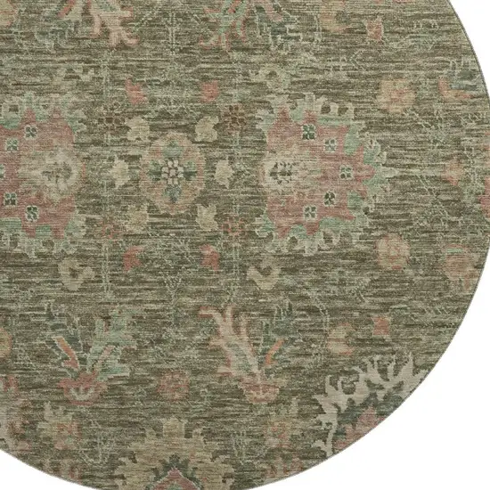 8' Olive Green And Beige Oriental Washable Round Rug With UV Protection Photo 3