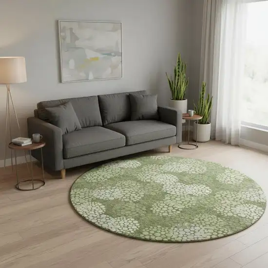 8' Olive Green And Beige Polka Dot Washable Round Rug With UV Protection Photo 2