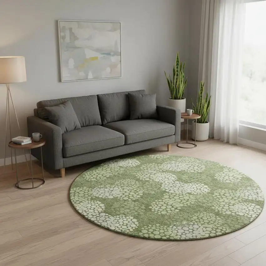 8' Olive Green And Beige Polka Dot Washable Round Rug With UV Protection Photo 2