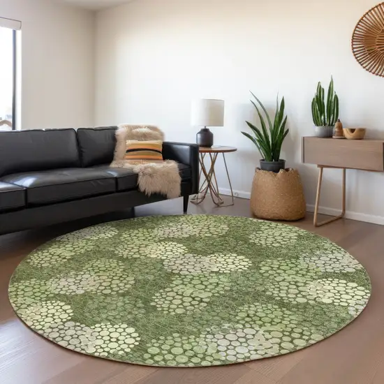 8' Olive Green And Beige Polka Dot Washable Round Rug With UV Protection Photo 5