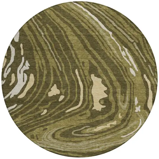 8' Olive Green And Beige Round Abstract Washable Indoor Outdoor Area Rug Photo 7
