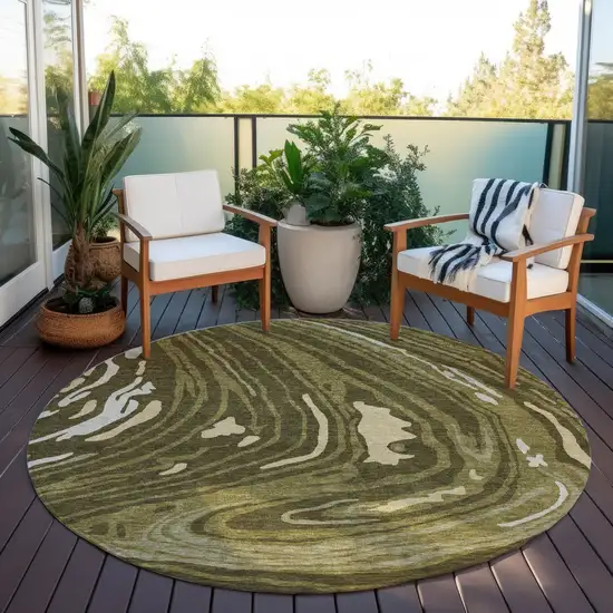 8' Olive Green And Beige Round Abstract Washable Indoor Outdoor Area Rug Photo 8